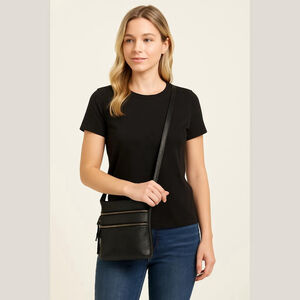 Black Faux Leather Crossbody Bag Multi Zip